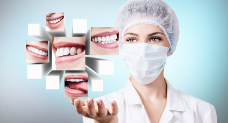 Young dentist doctor presents collage of healthy beautiful smiles.の写真素材