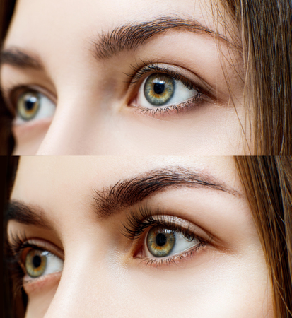 Woman before and after extended eyelashes.の写真素材