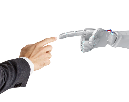 Human hand touching robotic hand. 3d rendering.の写真素材