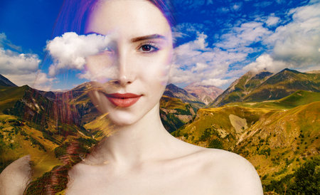 Double exposure of young woman and beautiful nature.