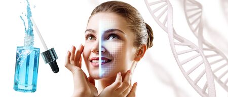 Technological scanning of female face among DNA stems.の写真素材