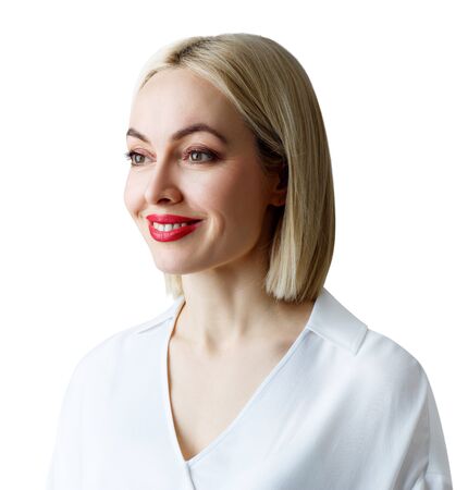 Portrait of beautiful adult woman in white blouse.の写真素材