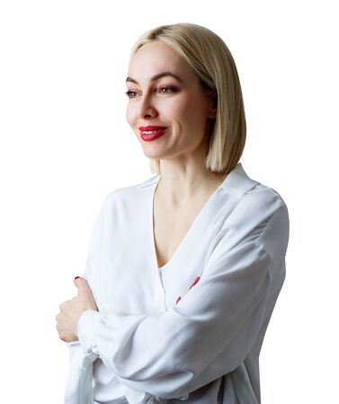 Portrait of beautiful adult woman in white blouse.の写真素材