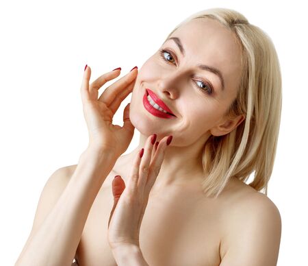 Beautiful mature woman with healthy skin and bright make-up.の写真素材