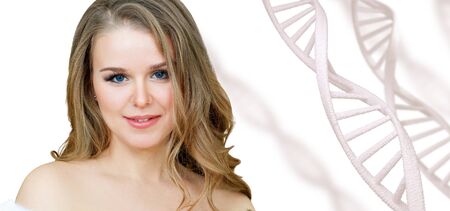 Portrait of sensual woman among white DNA chains.の写真素材
