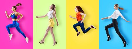 Different business people jumping on color background.の写真素材