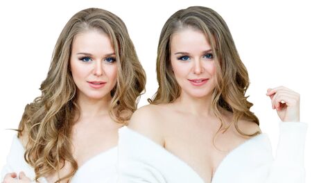 Collage of beautiful blonde woman in white cashmere jacket.の写真素材