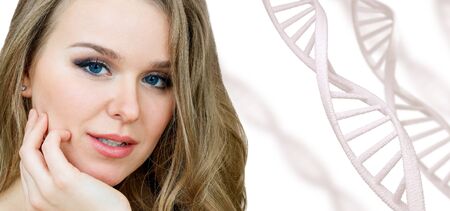Portrait of sensual woman among white DNA chains.の写真素材