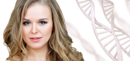 Portrait of sensual woman among white DNA chains.の写真素材