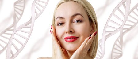 Portrait of sensual woman among white DNA chainsの写真素材