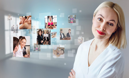 Business woman near images with her different hobbies.の写真素材