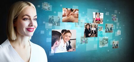 Business woman looks on images with her different hobbies.の写真素材