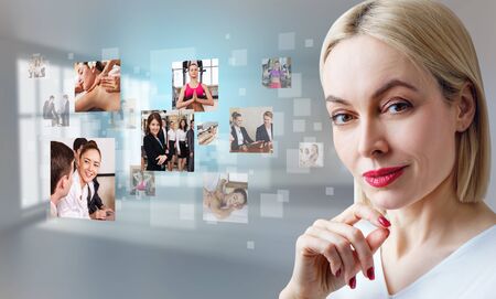 Business woman near images with her different hobbies.の写真素材