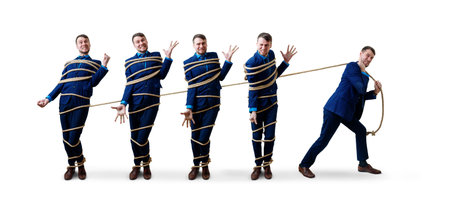 Angry businessman pulls tied himself with a rope.