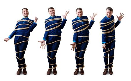 Collage of angry businessman tied up with rope trying escape.の写真素材
