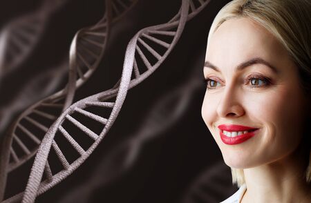 Portrait of sensual woman among DNA chains.の写真素材