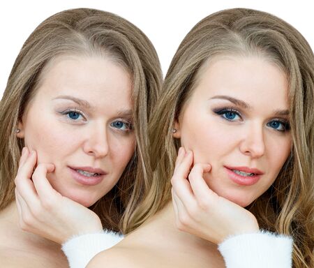 Comparison portrait of adult woman with and without makeup.の写真素材