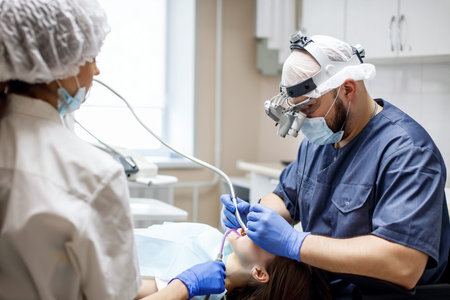 Male dentist treating teeth to young woman patient in clinic.