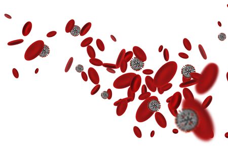 Coronavirus cells among red blood cells. 3D rendering.の写真素材