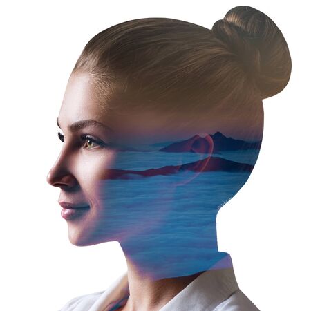 Double exposure of young beautiful woman and clouds sea.の写真素材