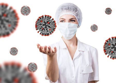 Female doctor presents viral cell coronavirus.の写真素材