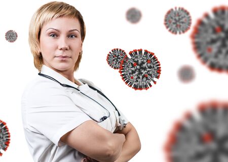 Female doctor presents viral cell coronavirus.の写真素材