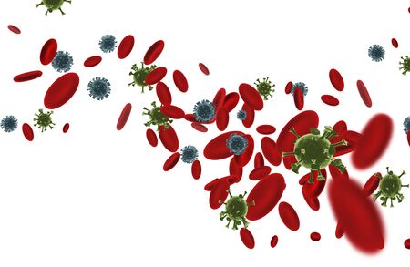 Coronavirus cells among red blood cells. 3D rendering.の写真素材