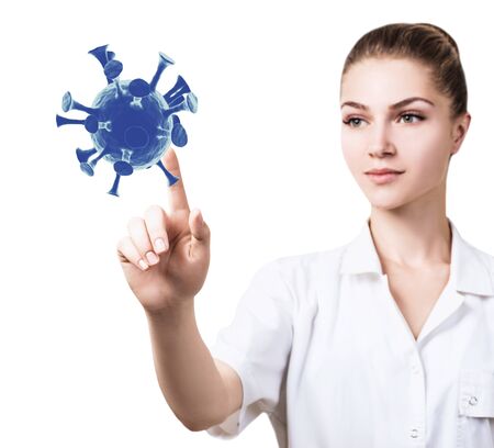 Female doctor point by finger viral cell coronavirus.の写真素材