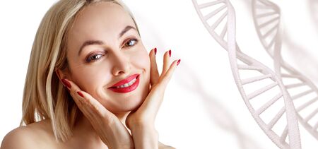 Portrait of sensual woman among white DNA chainsの写真素材