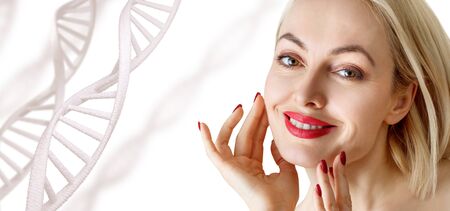 Portrait of sensual woman among white DNA chainsの写真素材
