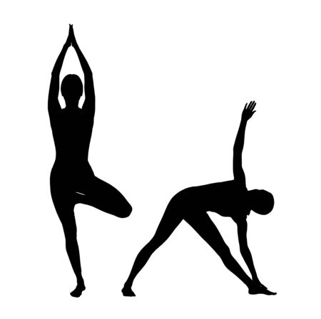 Collage of black silhouettes of woman doing yoga exercise.の写真素材