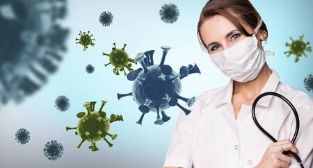 Young woman doctor among viral cells coronavirus.の写真素材