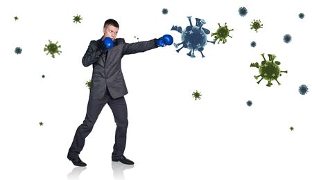 Young businessman hit the coronavirus cells.の写真素材
