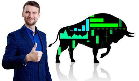 Businessman near black silhouette bull financial icon.の写真素材