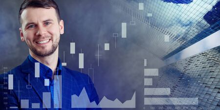 Businessman over forex trading graph and buildings over background.の写真素材