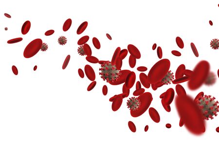 Coronavirus cells among red blood cells. 3D rendering.の写真素材