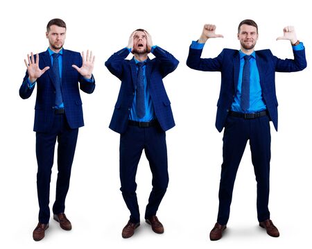 Collage of young businessman shows different gestures.の写真素材