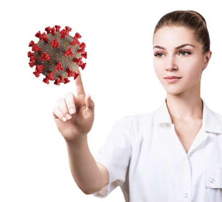 Female doctor point by finger viral cell coronavirus.の写真素材