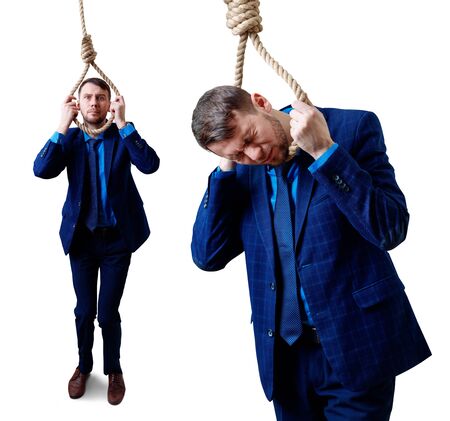 Collage of depressed businessman wearing rope loop committing suicide.の写真素材