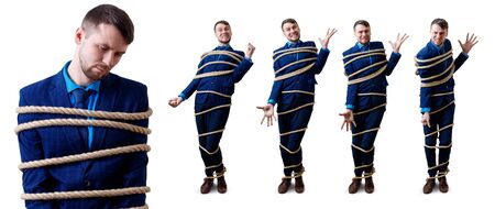 Collage of angry and tired businessman tied up with rope.の写真素材