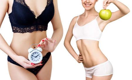 Collage of woman holds clock and woman with apple.の写真素材