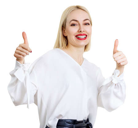 Portrait of beautiful adult woman in white blouse.の写真素材