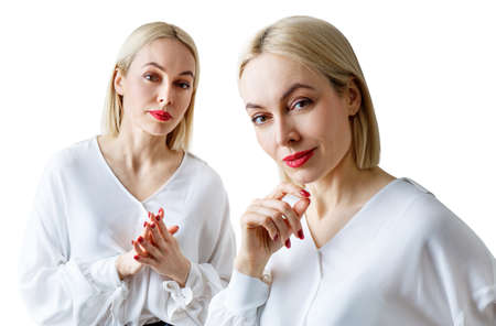 Collage of beautiful adult business woman in white blouse.の写真素材