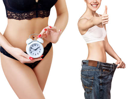 Collage of woman with clock and woman in big jeans.の写真素材