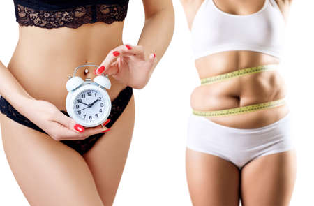 Collage of woman with measuring tape slimming with time regime.の写真素材
