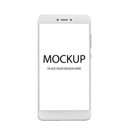 Modern smartphone white color with blank screen. Copy space. Isolated on white backgroundの写真素材