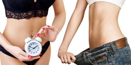 Collage of woman with clock and woman in big jeans. Time limit concept. Isolated on white background.の写真素材