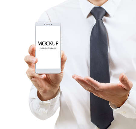 Businessman smartphone with blank screen. Copy space. Isolated on white backgroundの写真素材