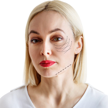 Graphic lines shows facial lifting effect on skin of beautiful woman.