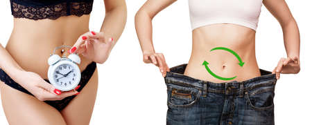 Collage of woman with clock and woman in big jeans.の写真素材
